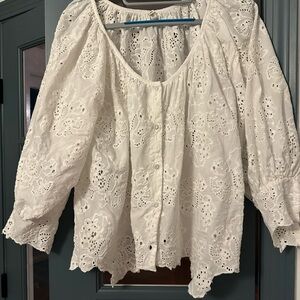 White Eyelet Peasant Blouse - Women's Top